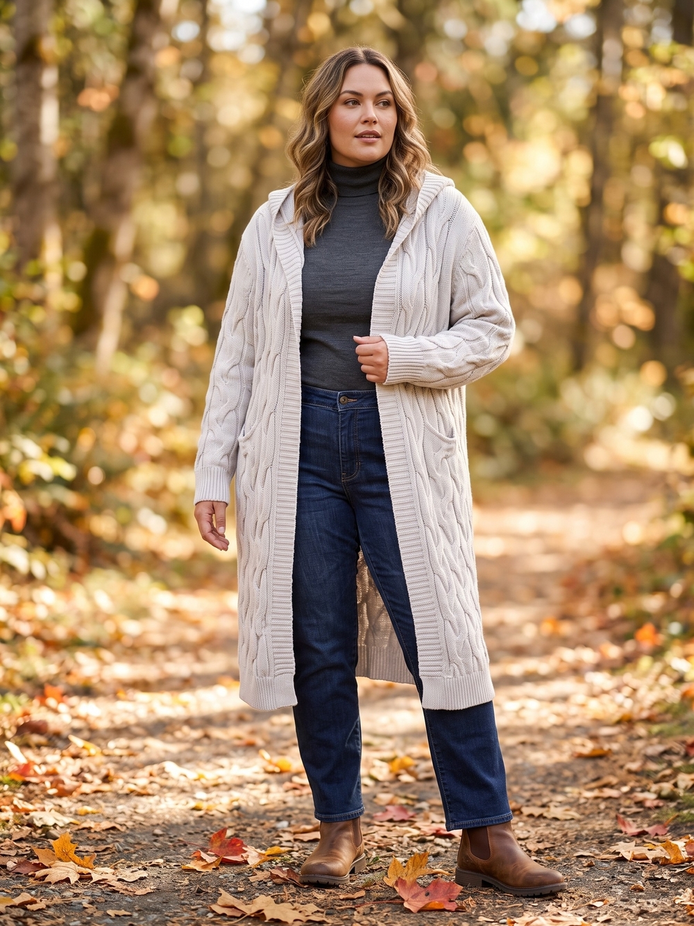 Chunky Cable Knit Hooded Duster Cardigan Vanilla Girl Cabincore Long Sweater